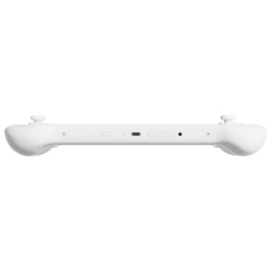 A white AYANEO 3 handheld gaming console shown from the bottom, highlighting a USB-C charging port, a microSD card slot, and a 3.5mm headphone jack.
