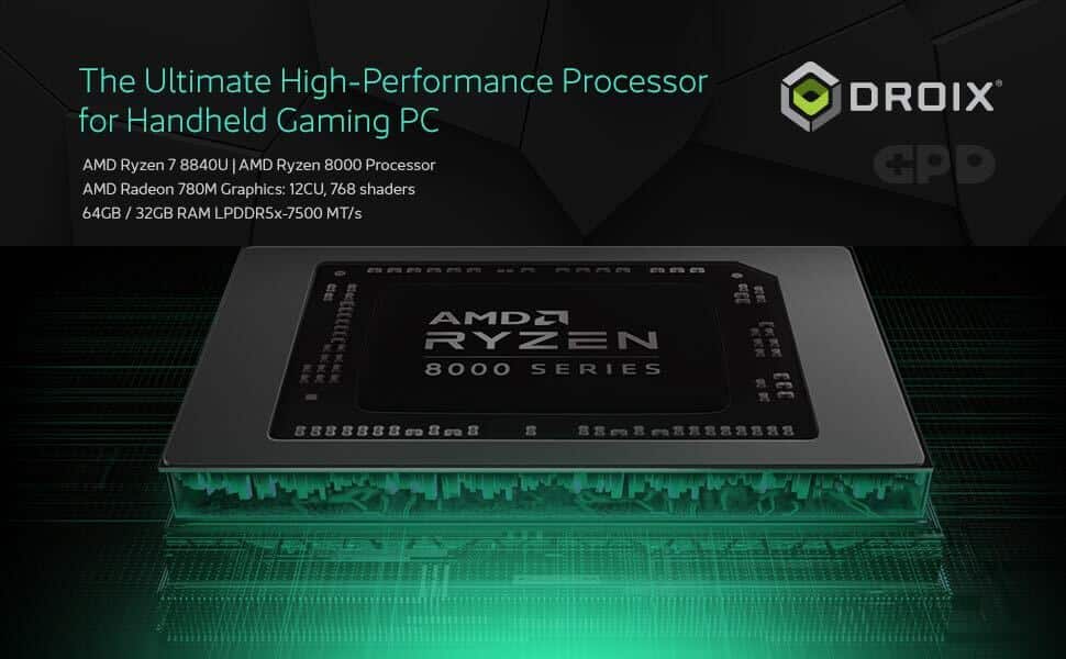 GPD WIN MAX 2 2025 7 An image of the GPD Win Max 2 (2024) gaming laptop, emphasizing its high-performance processor and GPU. The close-up view shows the laptop's sleek exterior, with text overlay or icons indicating the AMD Ryzen 7 7840U processor and the integrated Radeon 780M GPU, known for delivering powerful performance and smooth graphics for gaming and multitasking.