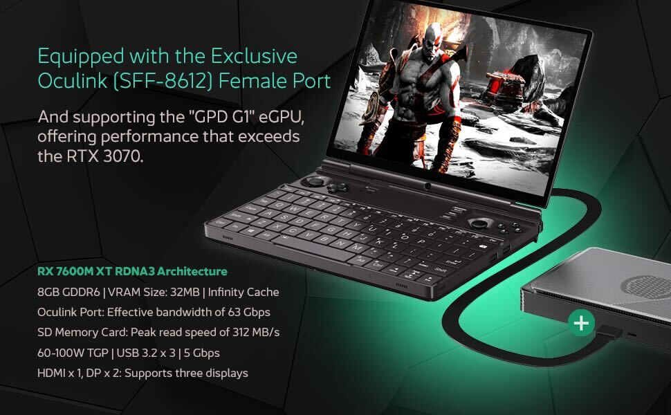 GPD WIN MAX 2 2025 11 An image of the GPD Win Max 2 (2024) gaming laptop connected to the GPD G1 Oculink eGPU. The GPD Win Max 2 is shown with its sleek, compact design, backlit keyboard, and large display. The GPD G1 Oculink is positioned next to it, connected via a high-speed Oculink cable, enhancing the gaming performance with its powerful external graphics card.