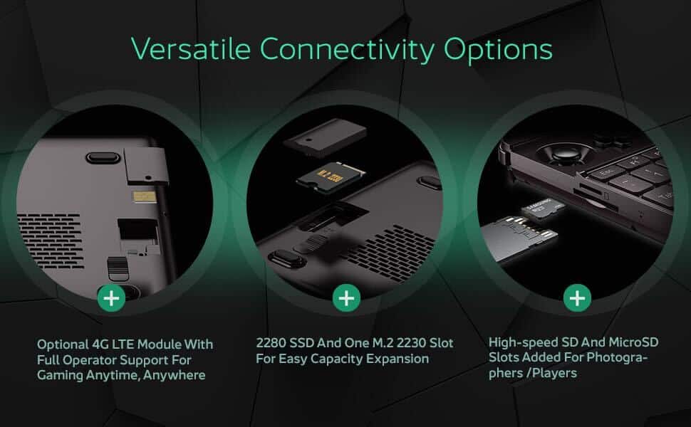 GPD WIN MAX 2 2025 2 An image of the GPD Win Max 2 (2024) gaming laptop, showcasing its optional 4G LTE module for mobile connectivity. The laptop's underside is visible, highlighting the easy expansion capabilities with clearly labeled 2280 and 2230 M.2 slots for additional storage or upgrades