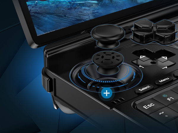 Close-up of the GPD Win Mini 2025โs Hall Effect joystick, showcasing its recessed design and precision-engineered build for smooth, accurate control in gaming.