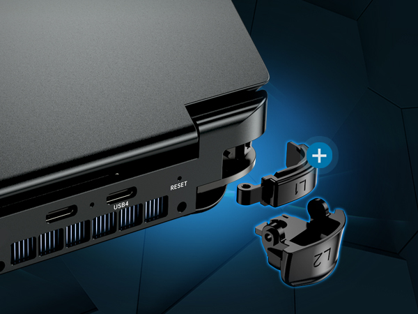 Rear view of the GPD Win Mini 2025 showing detachable L1 and L2 triggers, highlighting the quick-release design for easy customization and enhanced gameplay ergonomics.