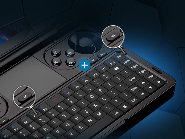 Close-up of the programmable L4 and R4 macro keys on the GPD Win Mini 2025, designed for customizable shortcuts to simplify complex commands.