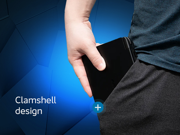 A compact and sleek GPD Win Mini 2025 handheld gaming console in a clam-shell design, with the screen and keyboard visible when open, showcasing its ergonomic and portable build.