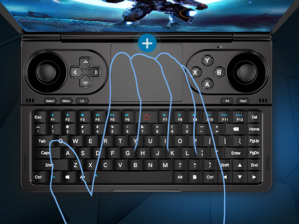 A top-down view of the GPD Win Mini 2025โs full QWERTY keyboard and multi-touch touchpad, demonstrating intuitive controls and ergonomic placement for seamless typing and navigation.