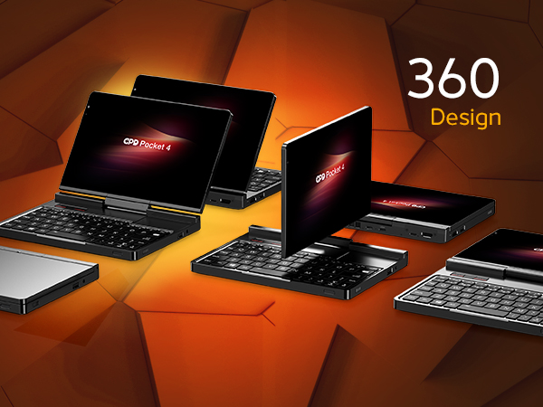 GPD Pocket 4 2 Multiple angles of the GPD Pocket 4 showcasing its versatile 360° hinge design, allowing the device to function in laptop, tablet, tent, and stand modes. Highlights its sleek and professional design