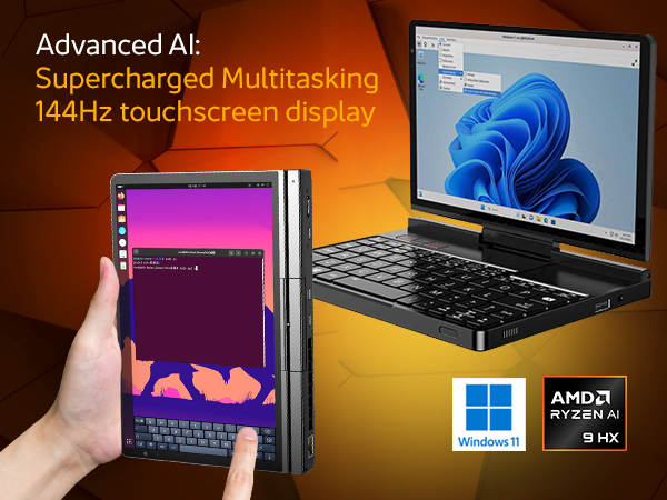 GPD Pocket 4 3 GPD Pocket 4 demonstrating advanced multitasking capabilities with a vibrant 144Hz touchscreen display, featuring both vertical tablet mode and traditional laptop mode. Includes branding for AMD Ryzen AI processors and Windows 11
