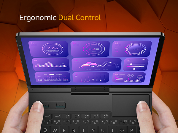 GPD Pocket 4 6 Close-up view of the GPD Pocket 4 in use, showcasing its ergonomic dual-control layout with a responsive touchscreen displaying vibrant analytics and charts, designed for professional workflows.