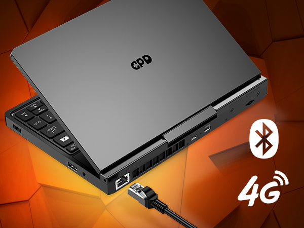 GPD Pocket 4 8 A rear view of the GPD Pocket 4 highlighting its connectivity options, including a 4G LTE module, Ethernet port, USB-C, and Bluetooth, emphasizing seamless connectivity for all environments.