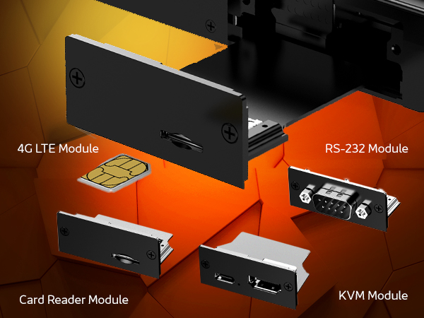 GPD Pocket 4 10 A detailed view of the modular components for the GPD Pocket 4, showcasing the 4G LTE module, RS-232 module, card reader module, and KVM module. Designed for versatility, the modular system enhances connectivity and functionality for professional use cases.