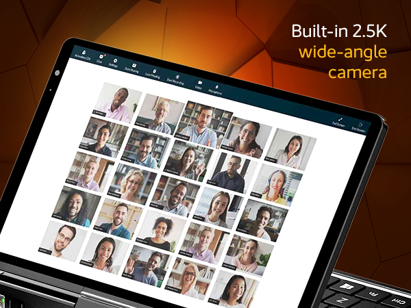 GPD Pocket 4 11 The GPD Pocket 4 showcasing its built-in 2.5K wide-angle camera, with a video conferencing display featuring multiple participants, emphasizing its suitability for remote work and collaboration.