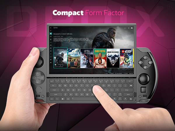 Showcasing the GPD WIN 4โs compact form factor, complete with a slide-up keyboard and immersive display, emphasizing portability without sacrificing performance.