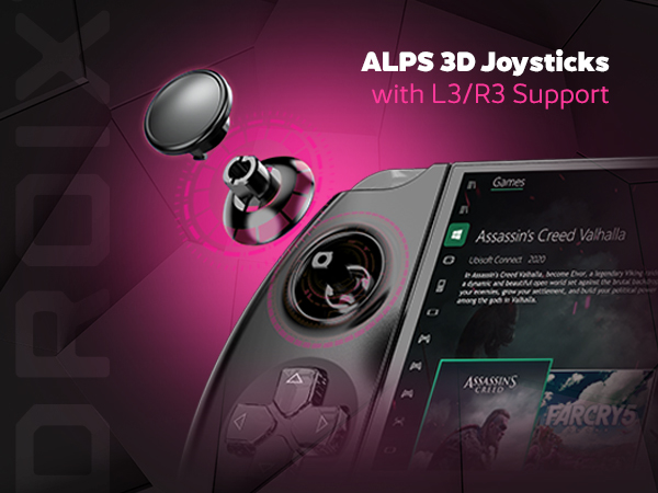 Close-up of ALPS 3D Joysticks with L3/R3 support, designed for precise and immersive gameplay. The ergonomic controls ensure a superior gaming experience.