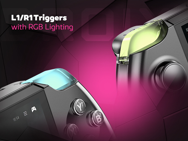 Highlighting L1/R1 triggers with customizable RGB lighting, adding a stylish and functional edge to the GPD WIN 4โs controls for modern gaming.