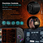 Precision gaming controls of the ONEXPLAYER F1 Pro featuring RGB joysticks with Hall effect technology, 18° tilt angle, programmable M1/M2 buttons, tactile ABXY and shoulder buttons, Hall effect triggers, 3-axis gyroscope, accelerometer, and dual linear vibration motors for immersive gameplay.