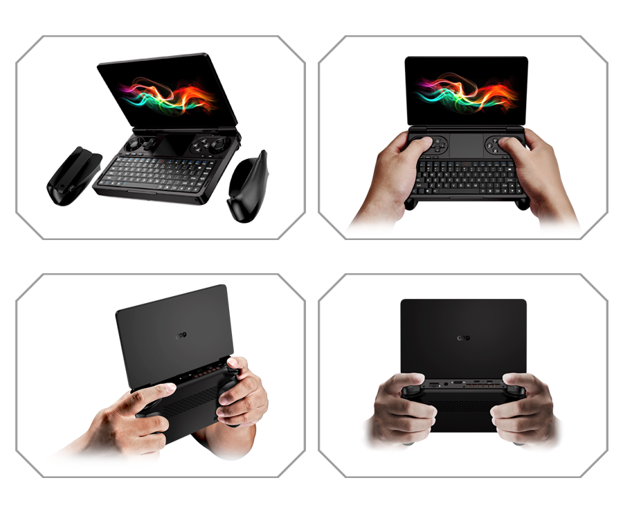 GPD Win Mini 2024, with and without ergonomic grips, offering versatile gaming comfort and control options.