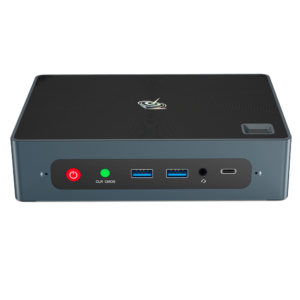 Beelink GTi 10 Windows Intel NUC Mini PC - Showing from the front with Power Button, CMOS Reset Button, 2x USB Type-A 3, 3.5mm Headphone&Microphone Jack and USB Type-C