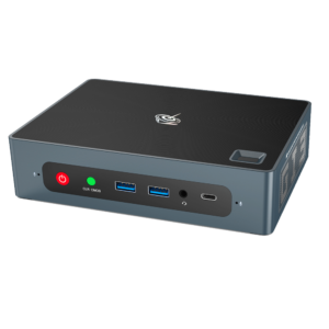 Beelink GTi 10 Windows Intel NUC Mini PC - Showing from the front with Power Button, CMOS Reset Button, 2x USB Type-A 3, 3.5mm Headphone&Microphone Jack and USB Type-C