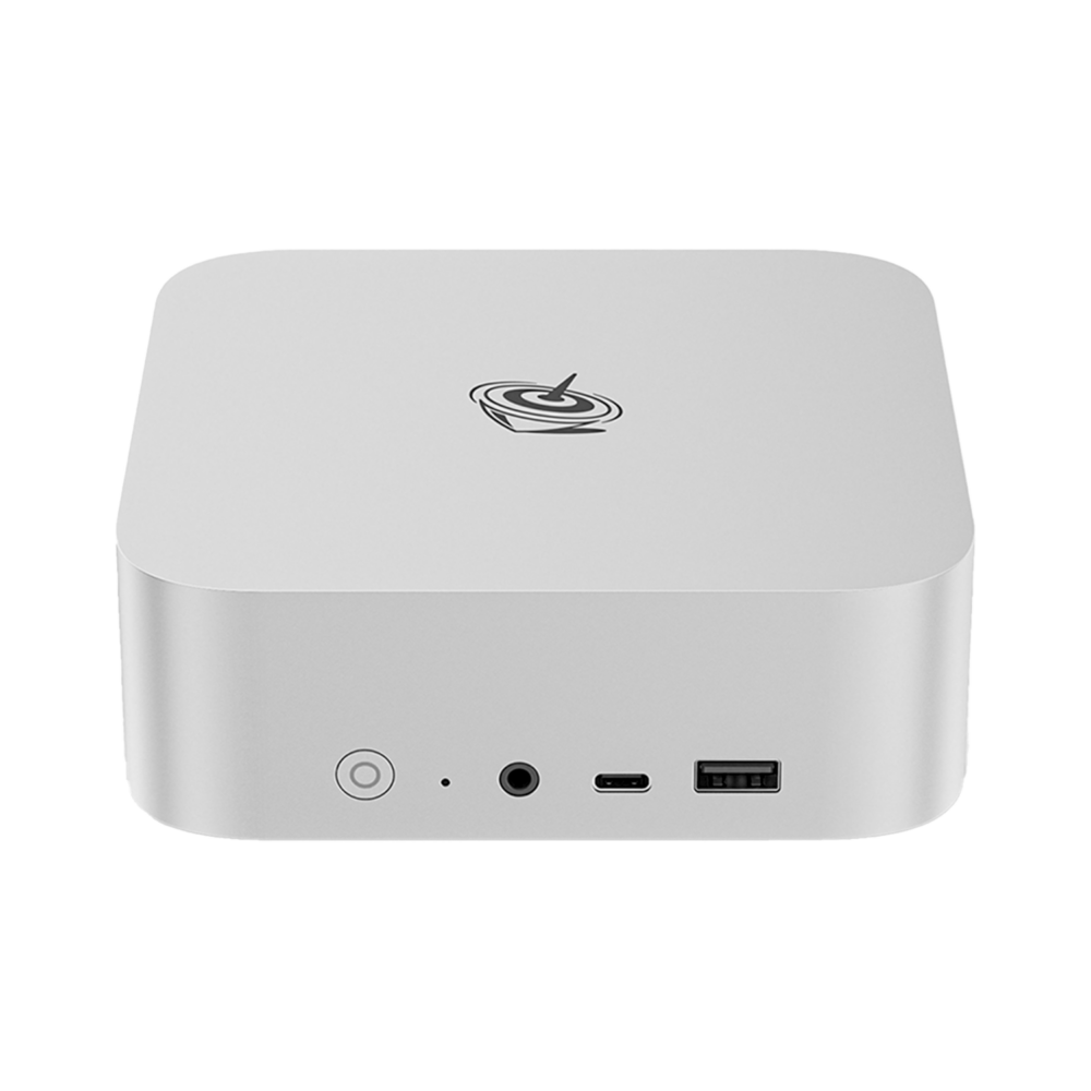 The Beelink SER8 mini PC in silver is a compact, square device with rounded corners. The front panel features a power button, USB ports, and an audio jack. The side view highlights its sleek metal casing. The logo is prominently displayed on the top surface. The product measures approximately 135mm x 135mm x 50mm.