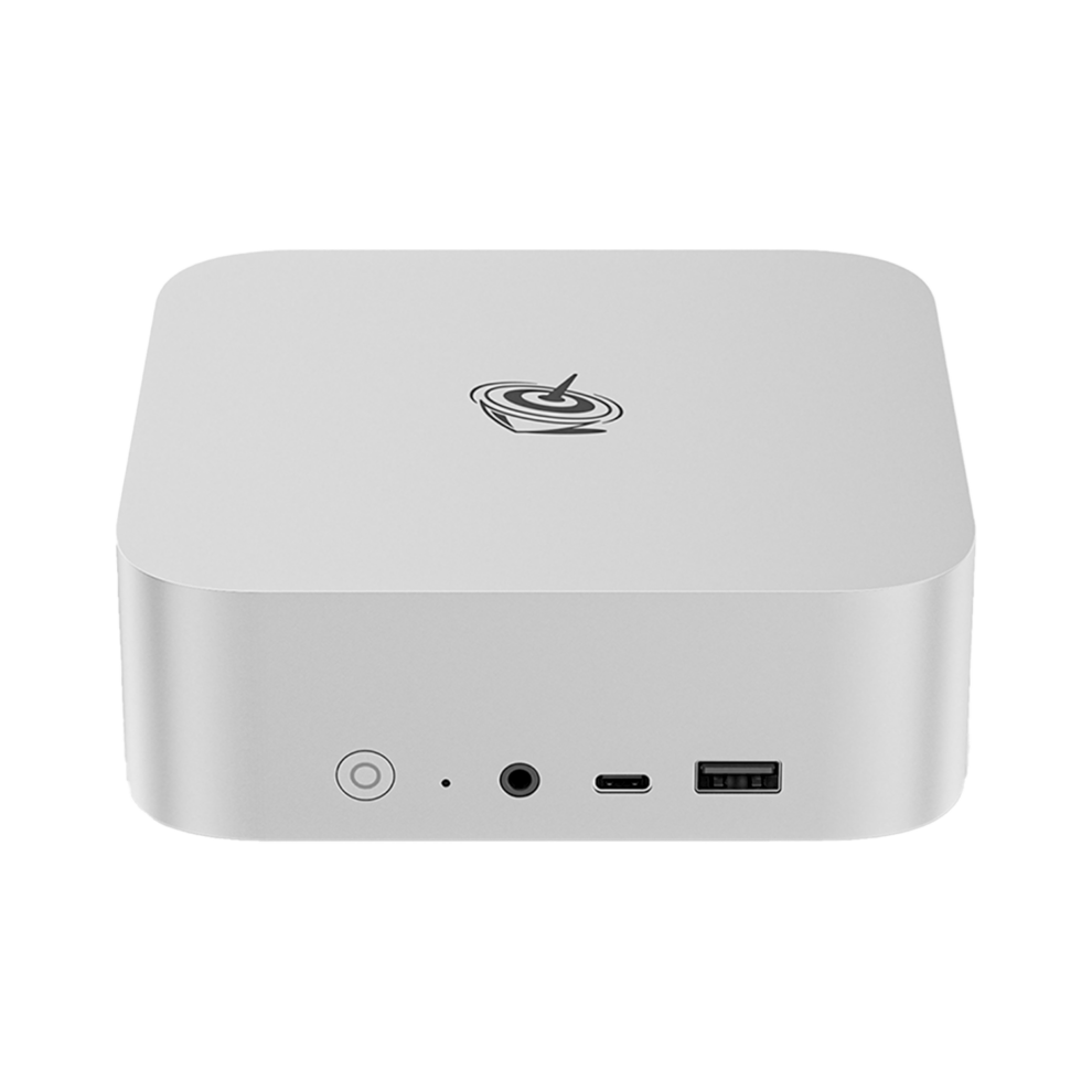 The Beelink SER8 mini PC in silver is a compact, square device with rounded corners. The front panel features a power button, USB ports, and an audio jack. The side view highlights its sleek metal casing. The logo is prominently displayed on the top surface. The product measures approximately 135mm x 135mm x 50mm.