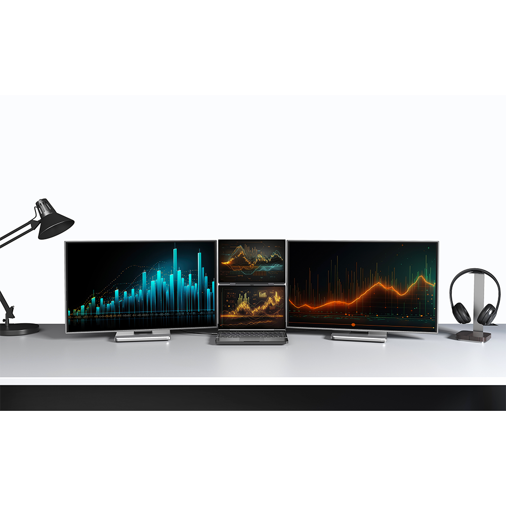 A sleek workspace featuring a GPD Duo laptop with its secondary display connected. The setup includes three external monitors, all displaying various colorful graphs. The GPD Duo's secondary display is used as an extended screen, showing additional data. On the left, a modern desk lamp illuminates the area, and on the right, a pair of headphones rests on a stand. The arrangement demonstrates the versatility and utility of the GPD Duo's secondary display when connected to multiple devices using the USB-C port that supports DisplayPort Alt Mode.