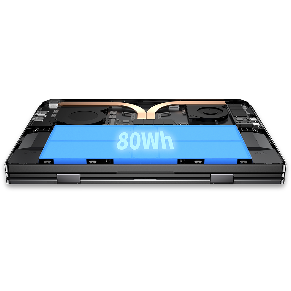 The image displays the device's internal components, including the 80Wh battery prominently labeled in blue. The laptop's unique tri-fold structure is visible, with two 13.3-inch OLED screens that can be positioned in various configurations. The sleek black chassis and copper-colored heat dissipation system are also visible, highlighting the device's powerful internals and innovative cooling solution