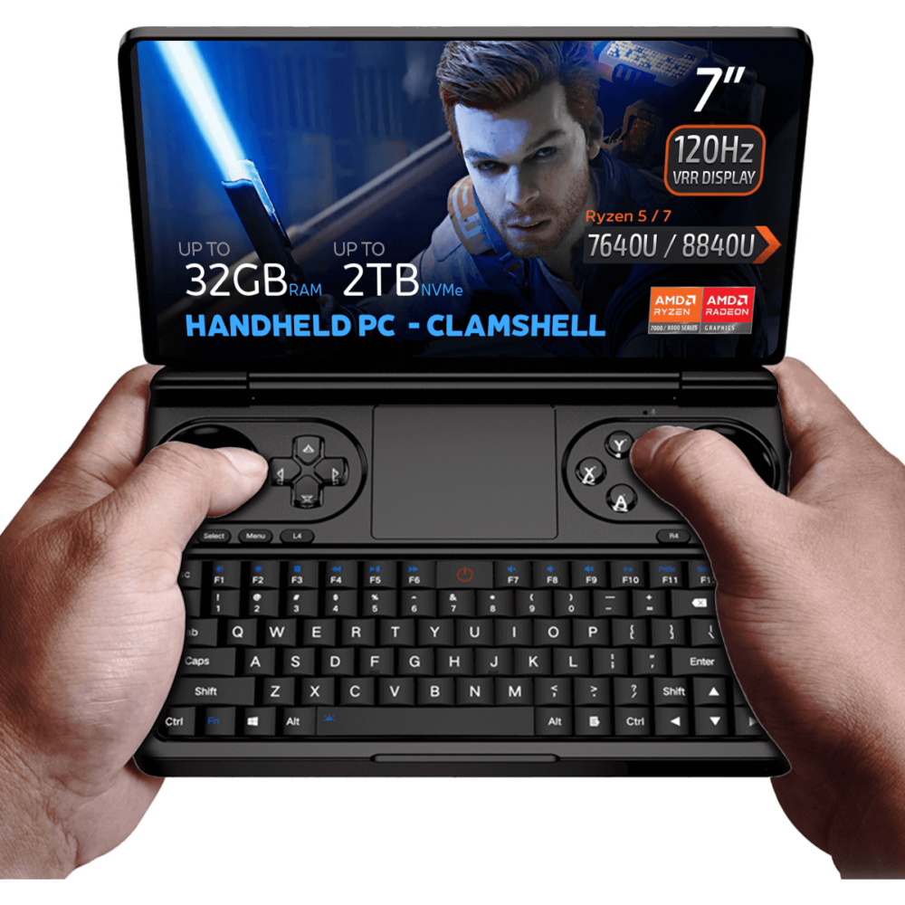 GPD WIN Mini 2024: Powerful handheld gaming PC with 7" FHD 120Hz VRR touchscreen. Features AMD Ryzen 7 8840U CPU, Radeon 780M GPU, 32GB RAM, 2TB NVMe storage. Compact clamshell design with full keyboard and gaming controls. Versatile connectivity including Wi-Fi 6E and Bluetooth 5.2. Runs Windows 11 Home. DROIX branding visible. Compact form factor offers portability and power for gaming and productivity on-the-go.