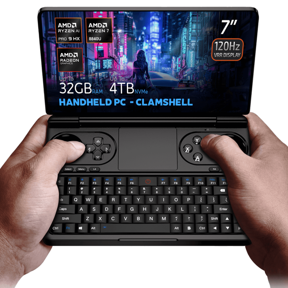 Hands holding the GPD Win Mini 2025, a clamshell handheld PC with a 7-inch 120Hz VRR display, powered by AMD Ryzen AI 9 HX 365/370 or Ryzen 7 8840U processors. Featuring up to 64GB RAM and 4TB NVMe storage, it is optimized for gaming and productivity with Hall Effect joysticks, a full QWERTY keyboard, and stunning cyberpunk-themed visuals on the screen.