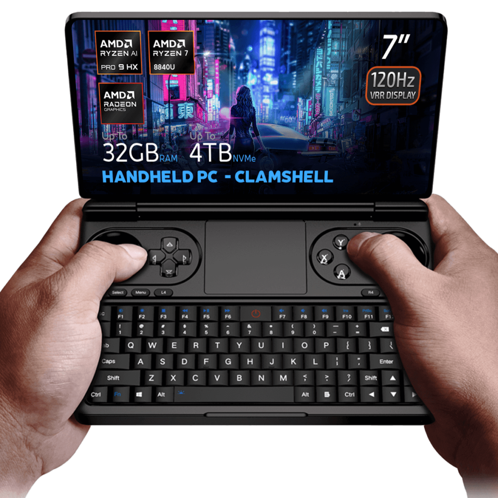 Hands holding the GPD Win Mini 2025, a clamshell handheld PC with a 7-inch 120Hz VRR display, powered by AMD Ryzen AI 9 HX 365/370 or Ryzen 7 8840U processors. Featuring up to 64GB RAM and 4TB NVMe storage, it is optimized for gaming and productivity with Hall Effect joysticks, a full QWERTY keyboard, and stunning cyberpunk-themed visuals on the screen.