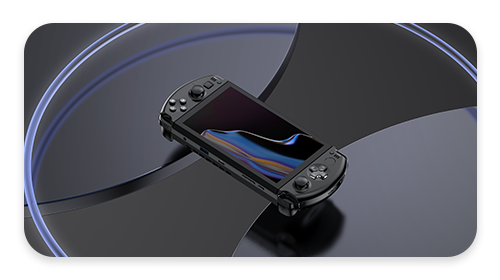 Black Handheld Gaming PC GPD WIN 4 floating on an abstract background