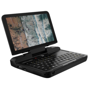 GPD Micro PC Shown from an angle featuring a QWERTY Keyboard, Trackpad and Display