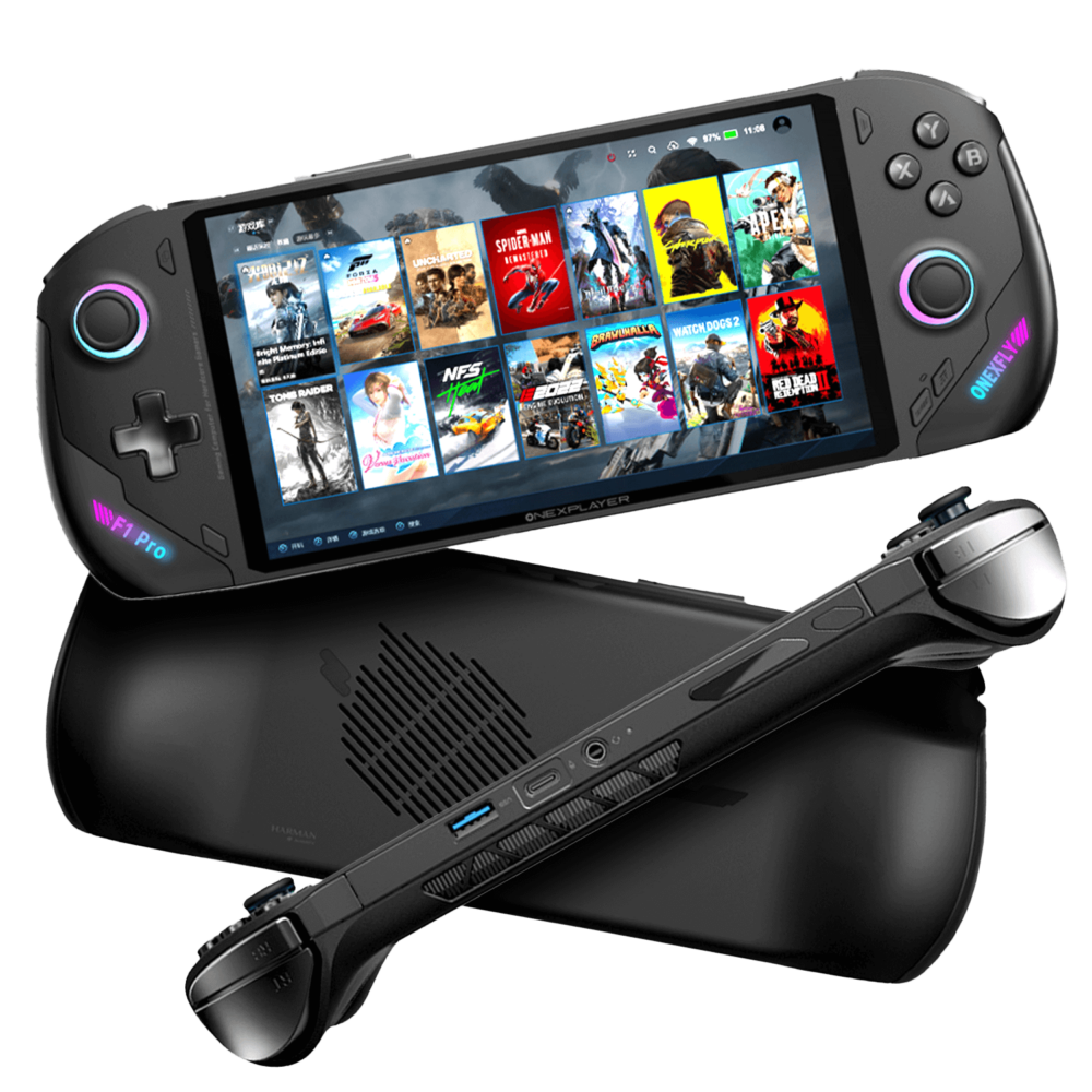 Front and back views of the ONEXPLAYER F1 Pro handheld device highlighting its ergonomic design, wide display with various gaming titles on screen, and rear air vent for cooling.