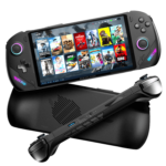 Front and back views of the ONEXPLAYER F1 Pro handheld device highlighting its ergonomic design, wide display with various gaming titles on screen, and rear air vent for cooling.